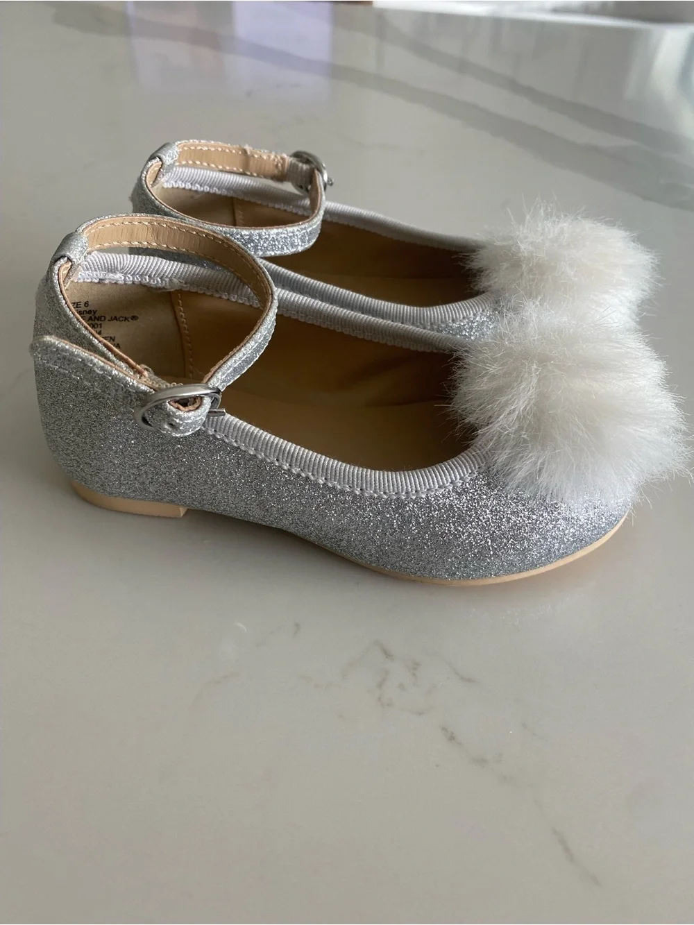 Disney Janie and Jack Frozen Elsa Silver Glitter Pom Ballet Flats Ankle Strap 6